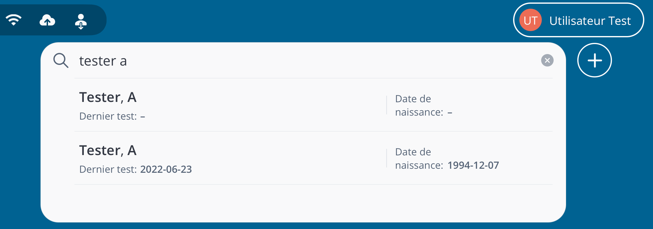 Capture d'écran des résultats du patient après avoir utilisé la barre de recherche de l'écran d'accueil.