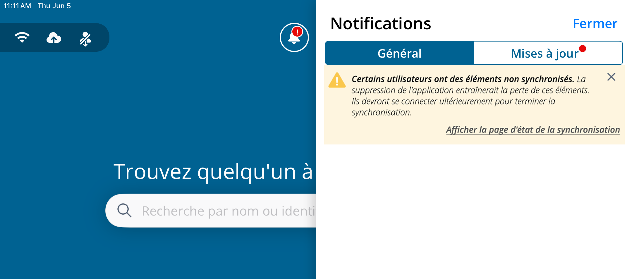 Capture d'écran du menu déroulant du panneau de notifications affichant des notifications générales non lues.