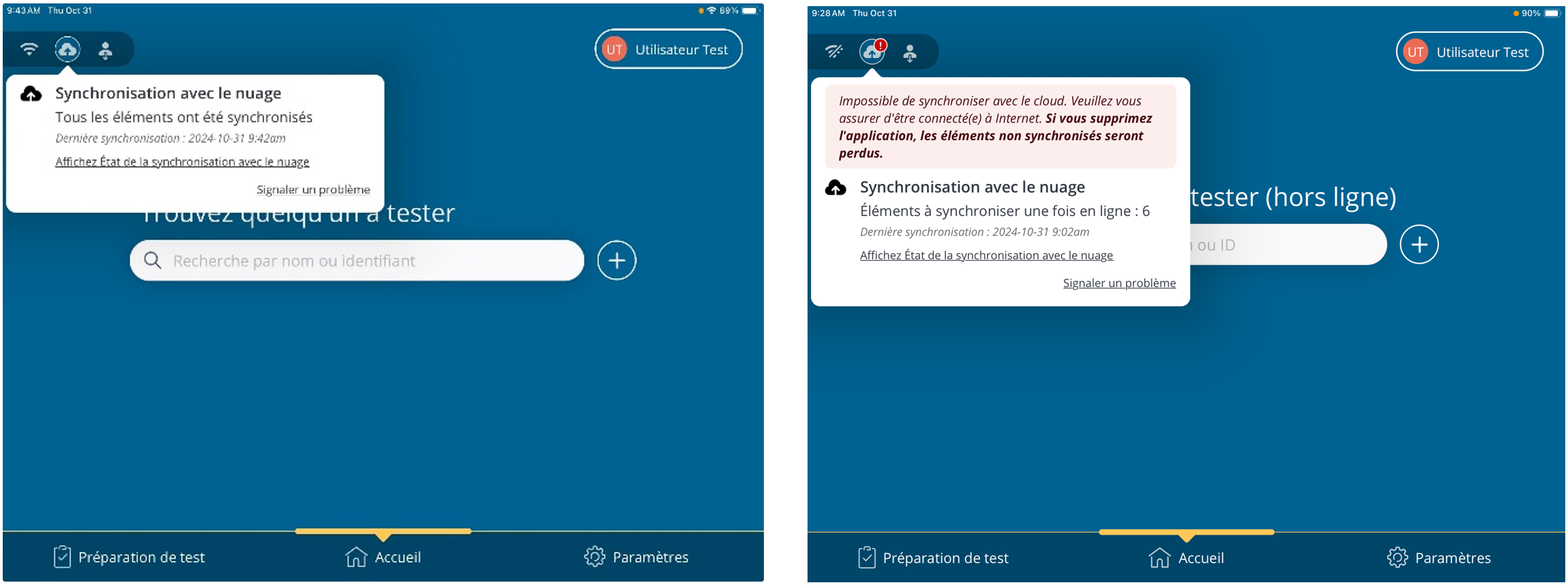 Deux captures d'écran présentant une comparaison des statuts des données synchronisées et non synchronisées 