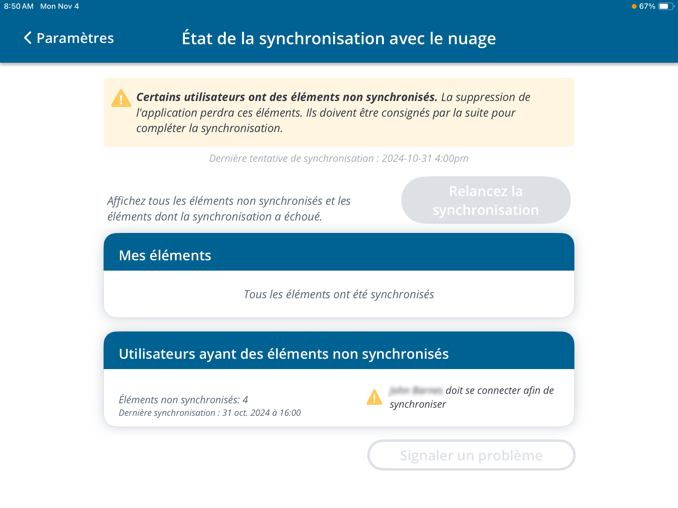 Une capture d'écran présentant les détails des données non synchronisées sur la page « État de la synchronisation dans le nuage ».