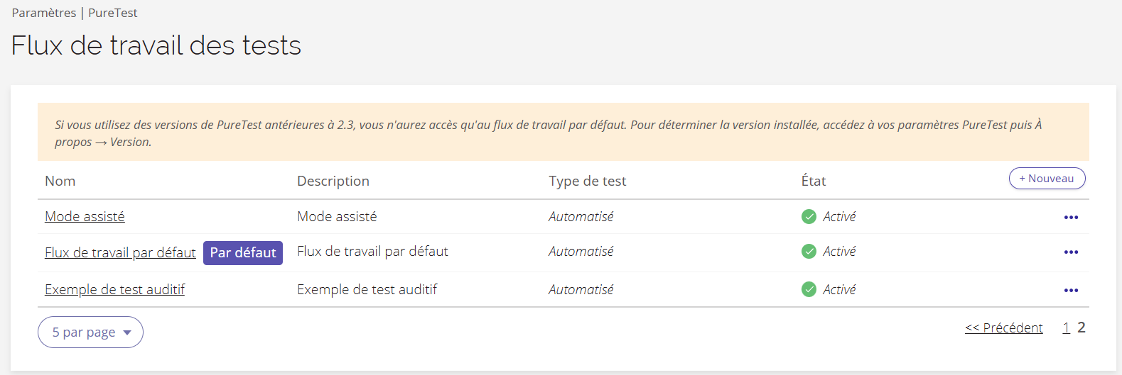Une capture d'écran de la page « Flux de travail de test ».
