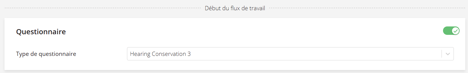 Une capture d'écran des paramètres du questionnaire pour un processus de test.