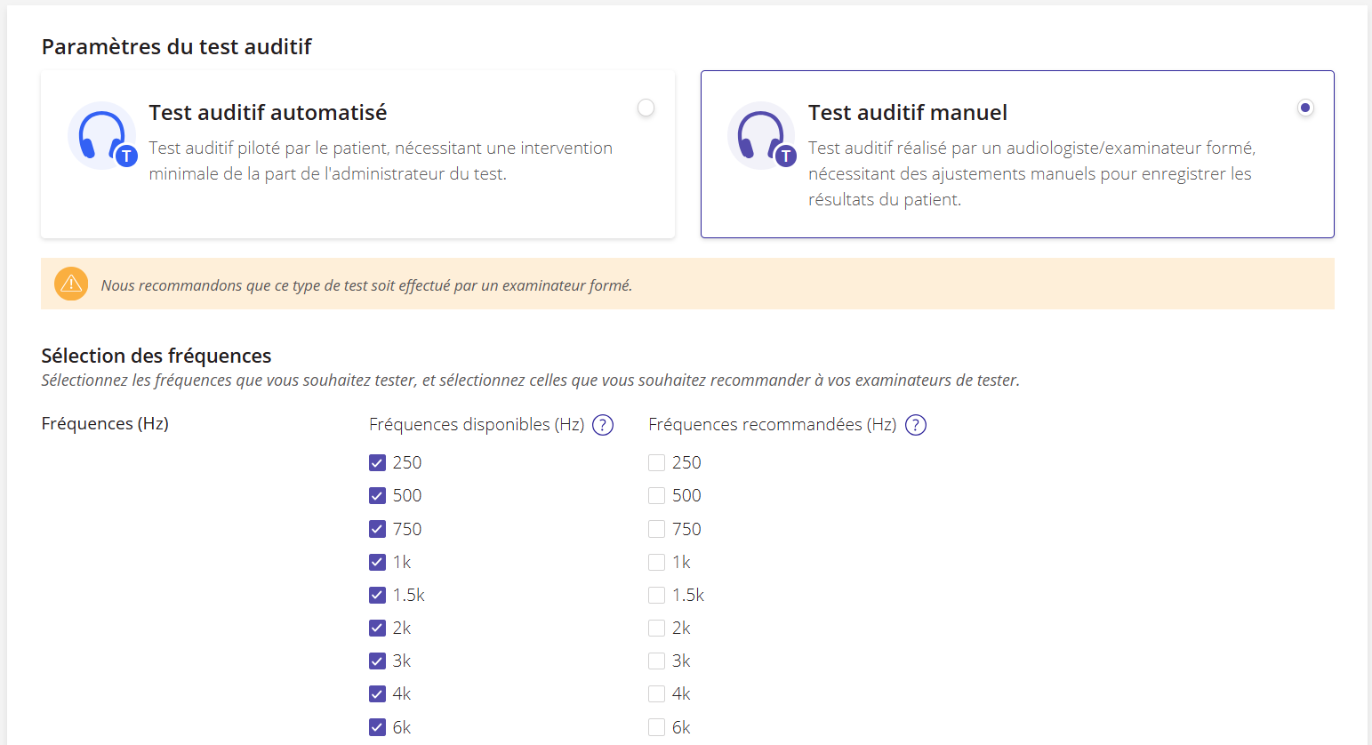 Capture d'écran des paramètres du flux de travail avec un test auditif manuel sélectionné.