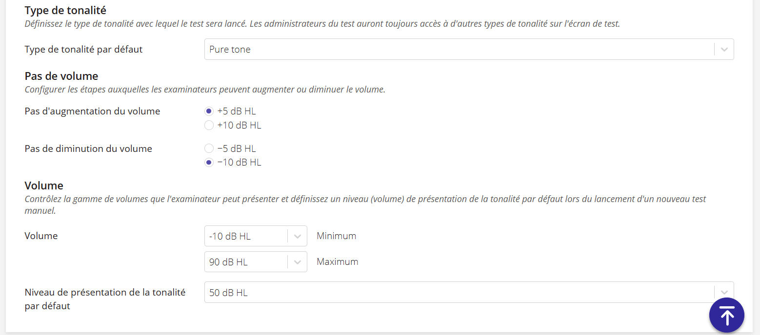 Une capture d'écran des paramètres du processus de test auditif manuel.