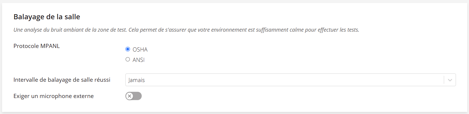 Une capture d'écran des paramètres de « Balayage de la salle ».