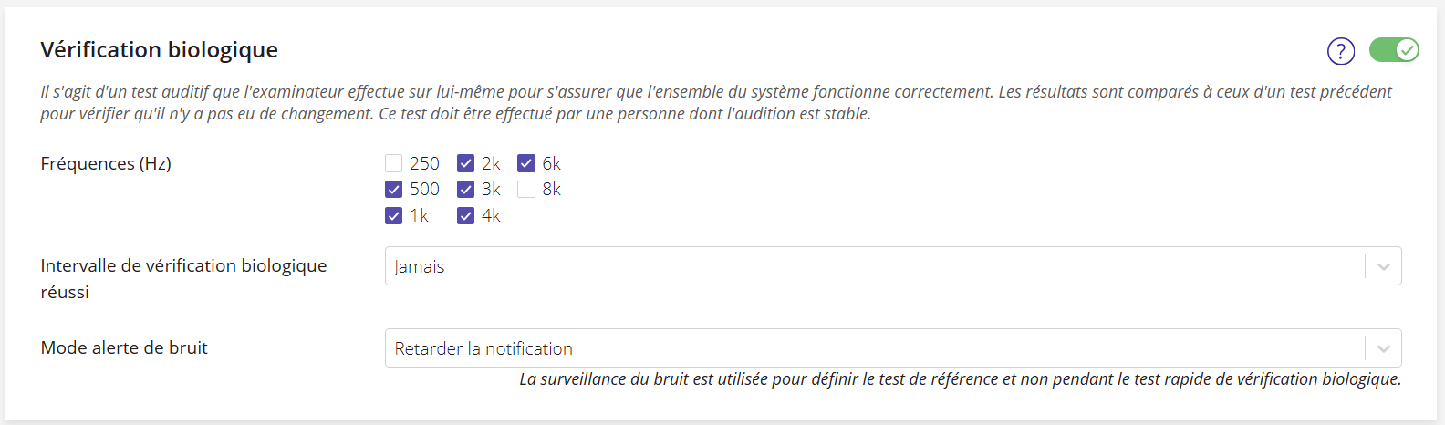Une capture d'écran du paramètre « Vérification biologique ».