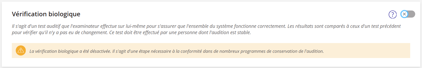 Une capture d'écran du paramètre « Vérification biologique ».