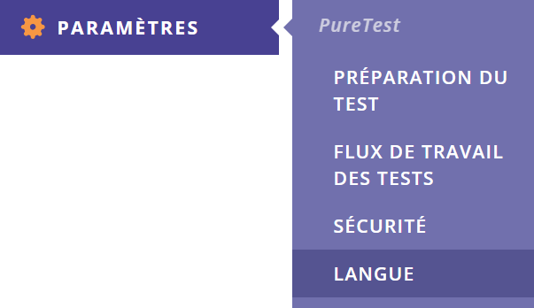 Une capture d'écran du menu latéral montrant la langue mise en évidence dans les paramètres.