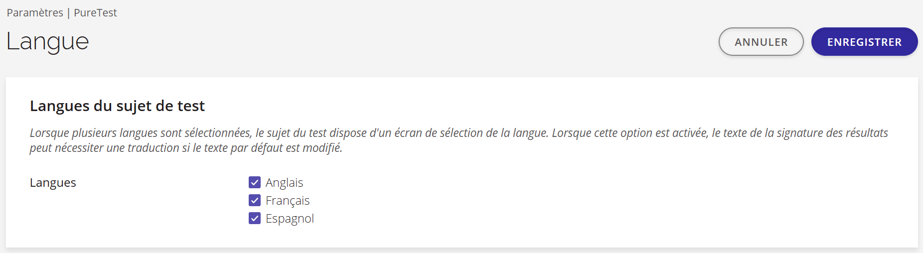 Une capture d'écran des paramètres de langue de PureTest.