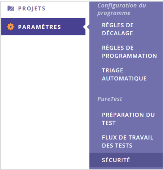 Une capture d'écran du menu latéral du portail, avec la section « Sécurité » mise en évidence.