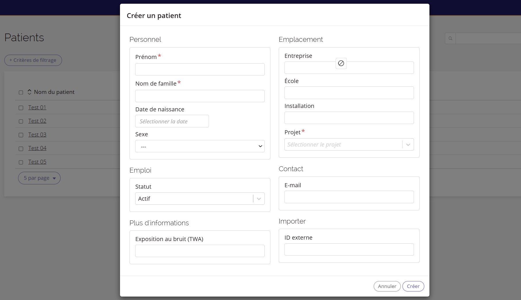 Une capture d'écran du formulaire « Créer un patient ».