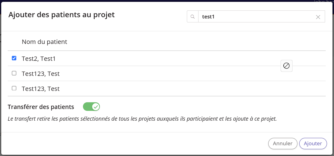 Une capture d'écran de la fenêtre « Ajouter des patients au projet ».