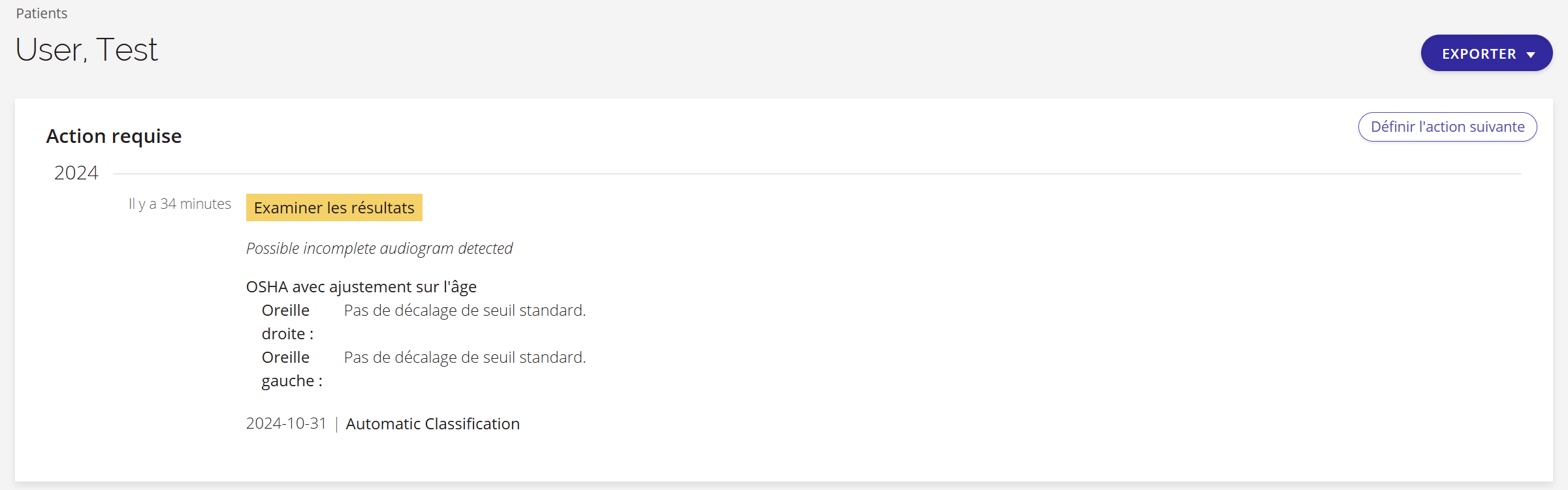 Une capture d'écran de la page d'un patient.