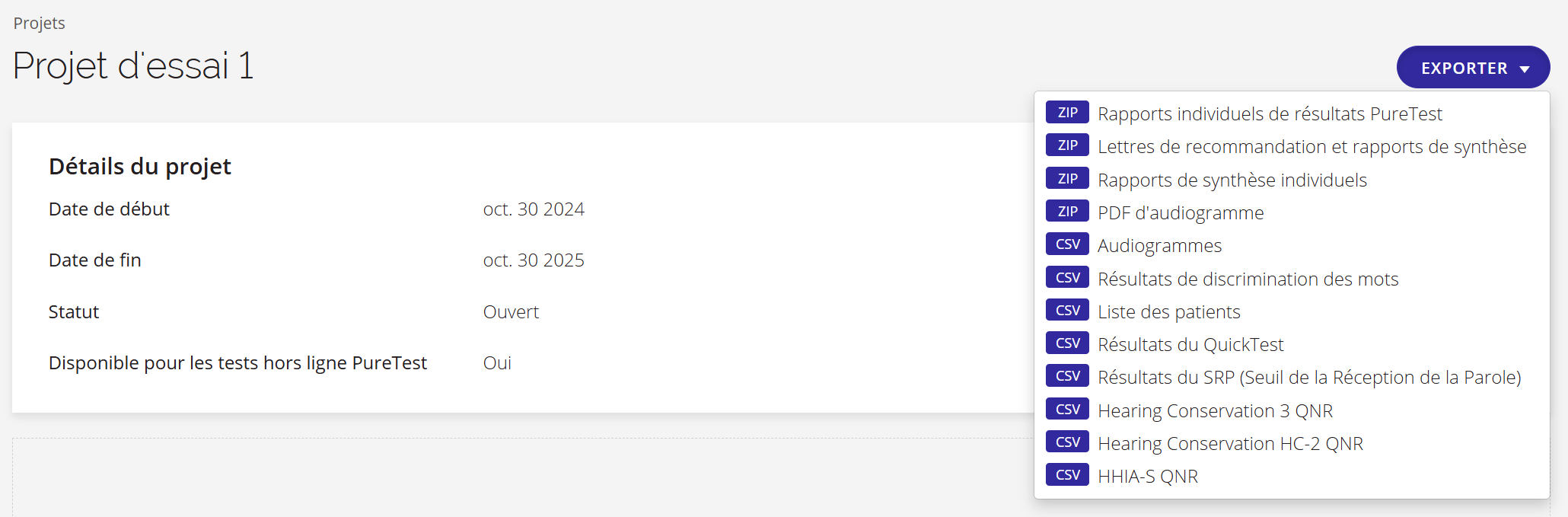 Une capture d'écran des options du bouton « Exporter » sur la page « Projets  ».