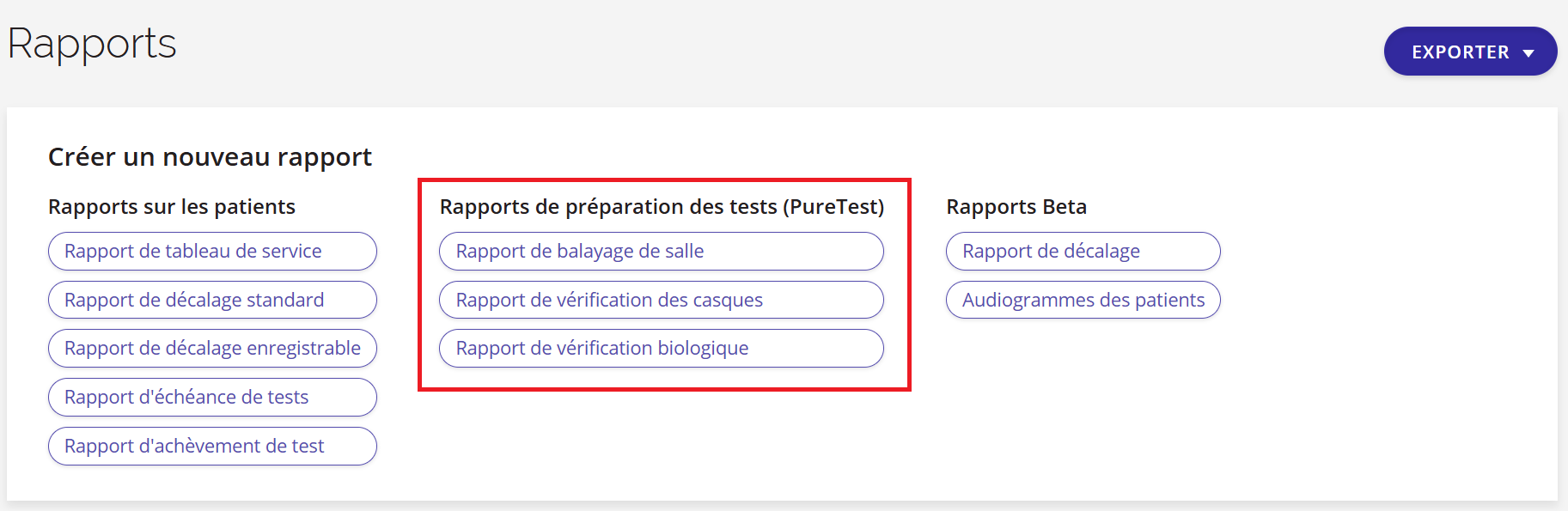 Une capture d'écran de la page « Rapports » avec les rapports de préparation aux examens mis en évidence.