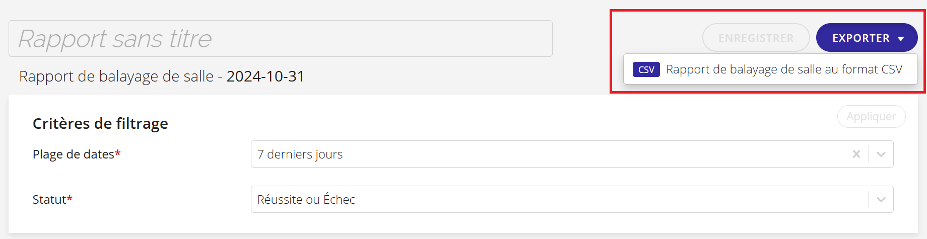 Une capture d'écran des options d'exportation disponibles pour le rapport d'analyse de la salle.