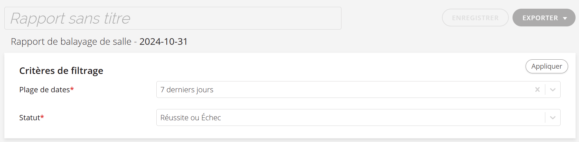Une capture d'écran des paramètres d'un rapport d'analyse de salle.