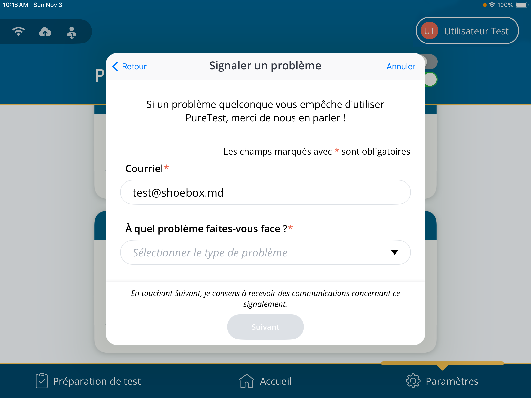 Une capture d'écran du formulaire « Signaler un problème ».