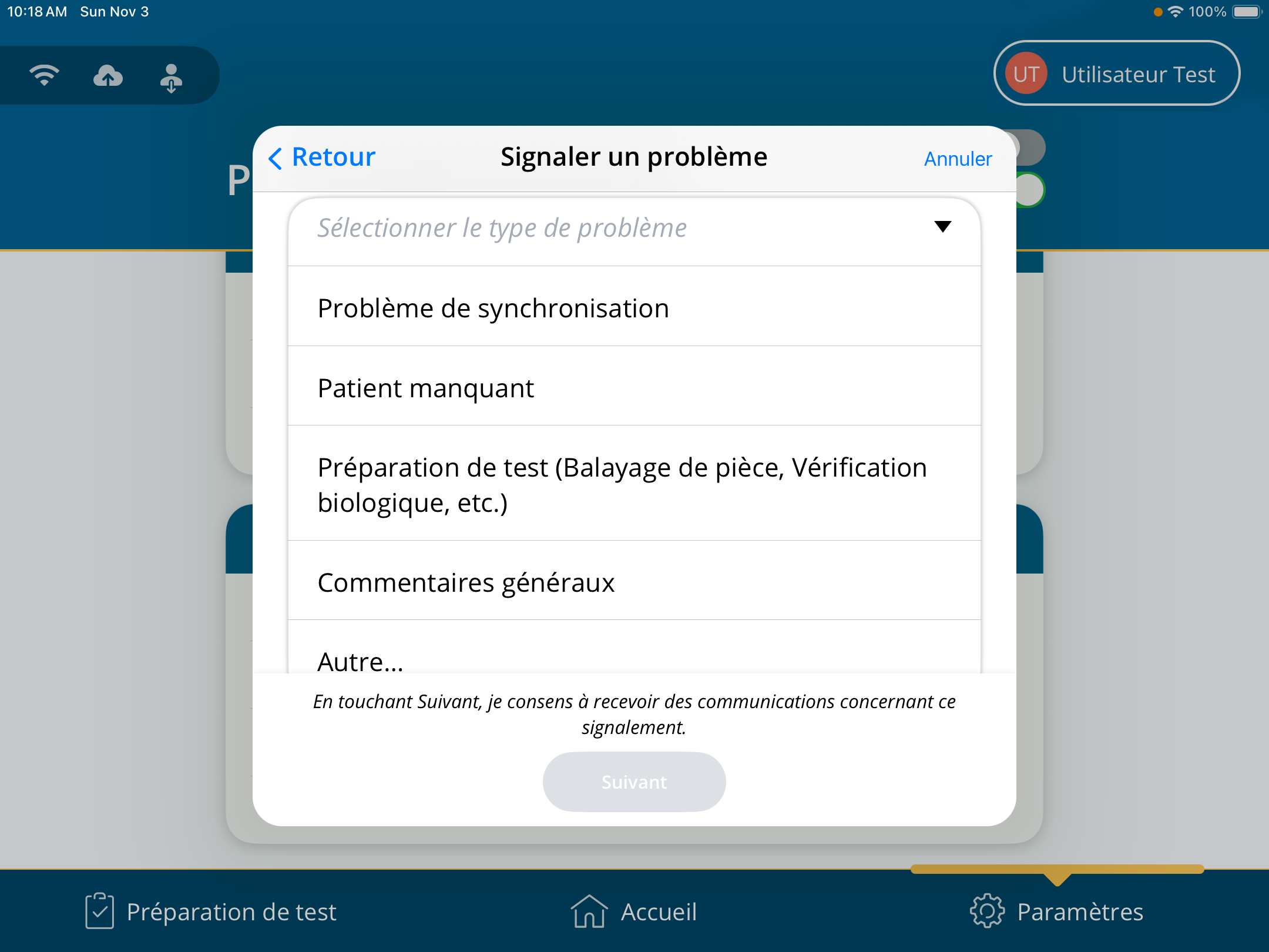 Une capture d'écran du formulaire « Signaler un problème » avec le menu déroulant des catégories affiché.