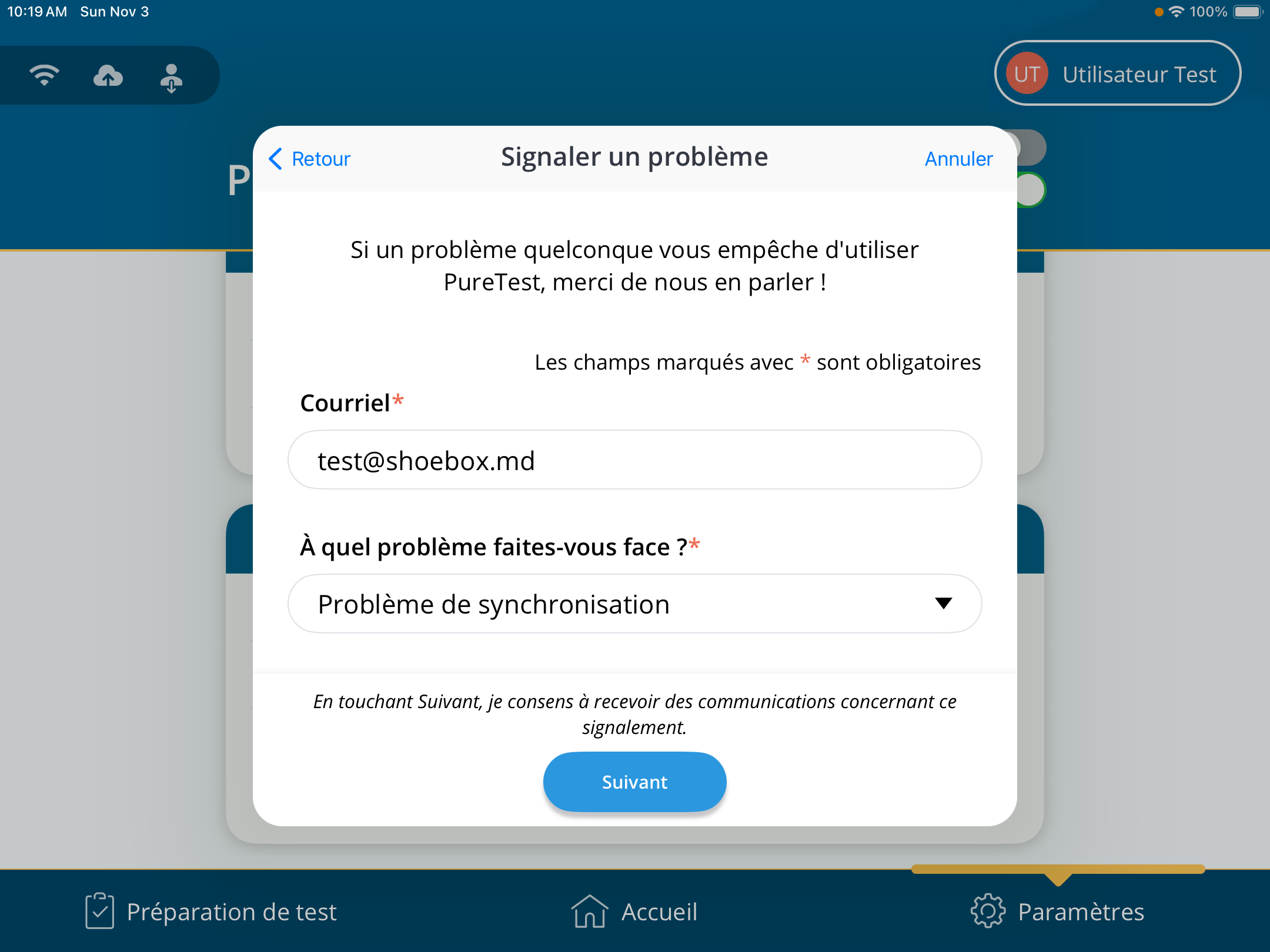 Une capture d'écran du formulaire « Signaler un problème » avec le bouton « Suivant » affiché.