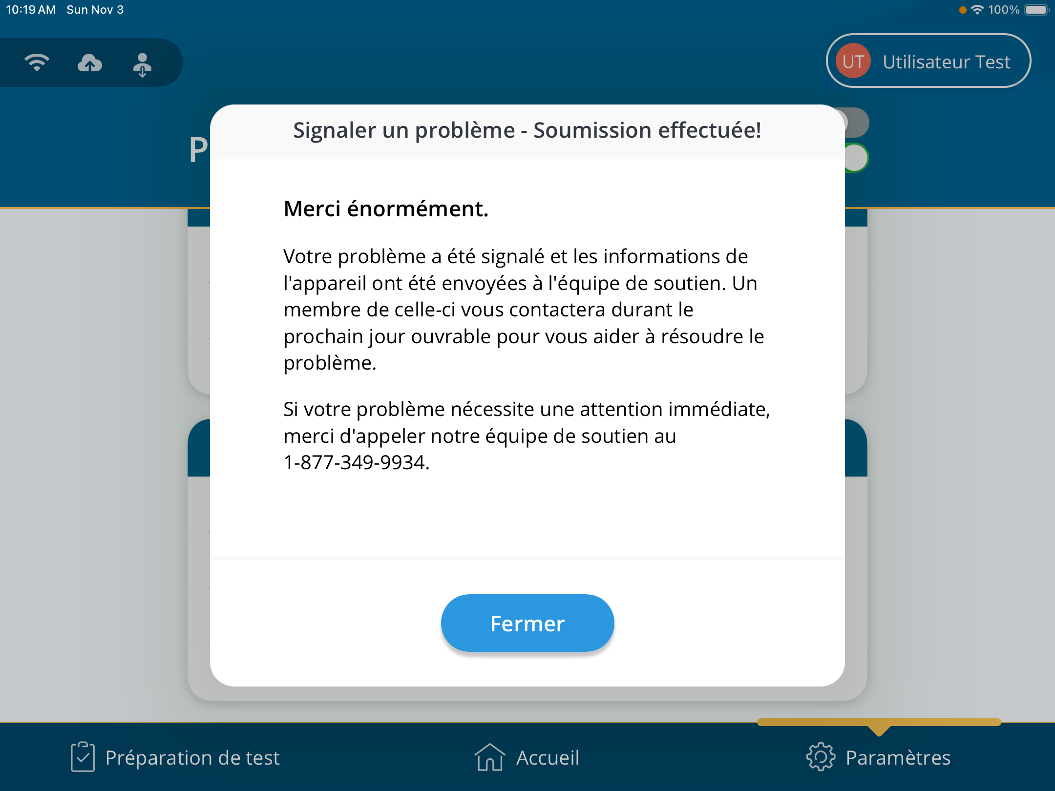 Une capture d'écran du formulaire « Signaler un problème » une fois le problème soumis.