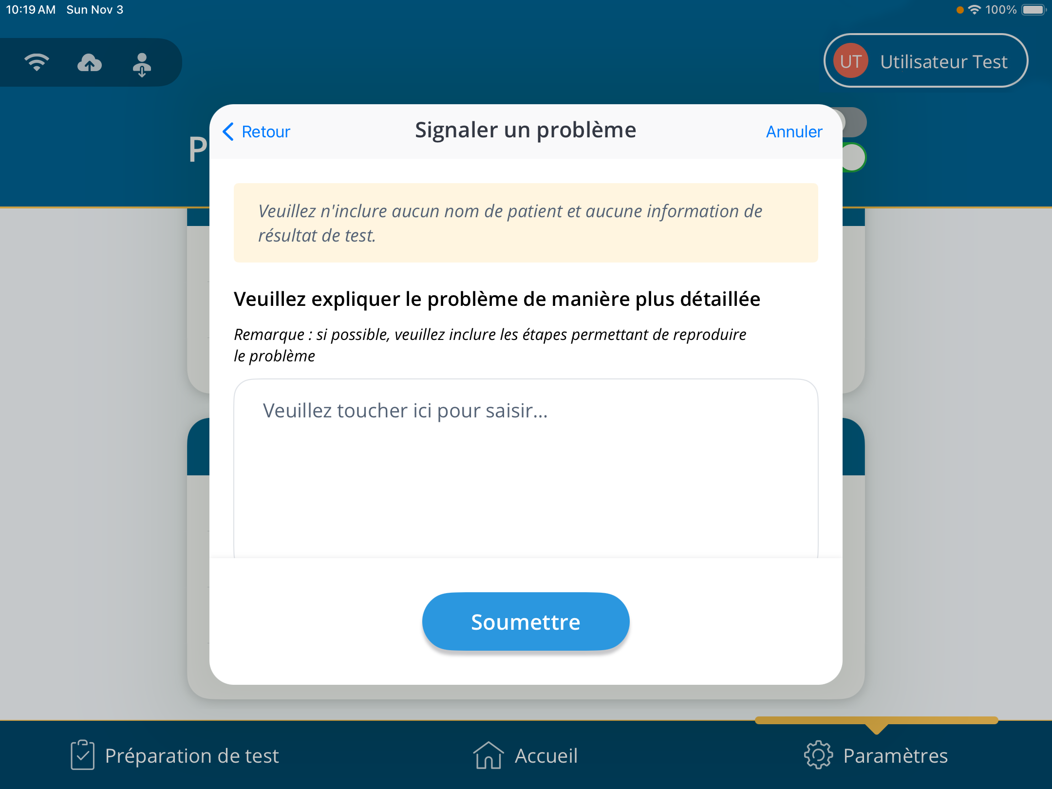 Une capture d'écran du formulaire « Signaler un problème » avec le bouton « Soumettre » affiché.