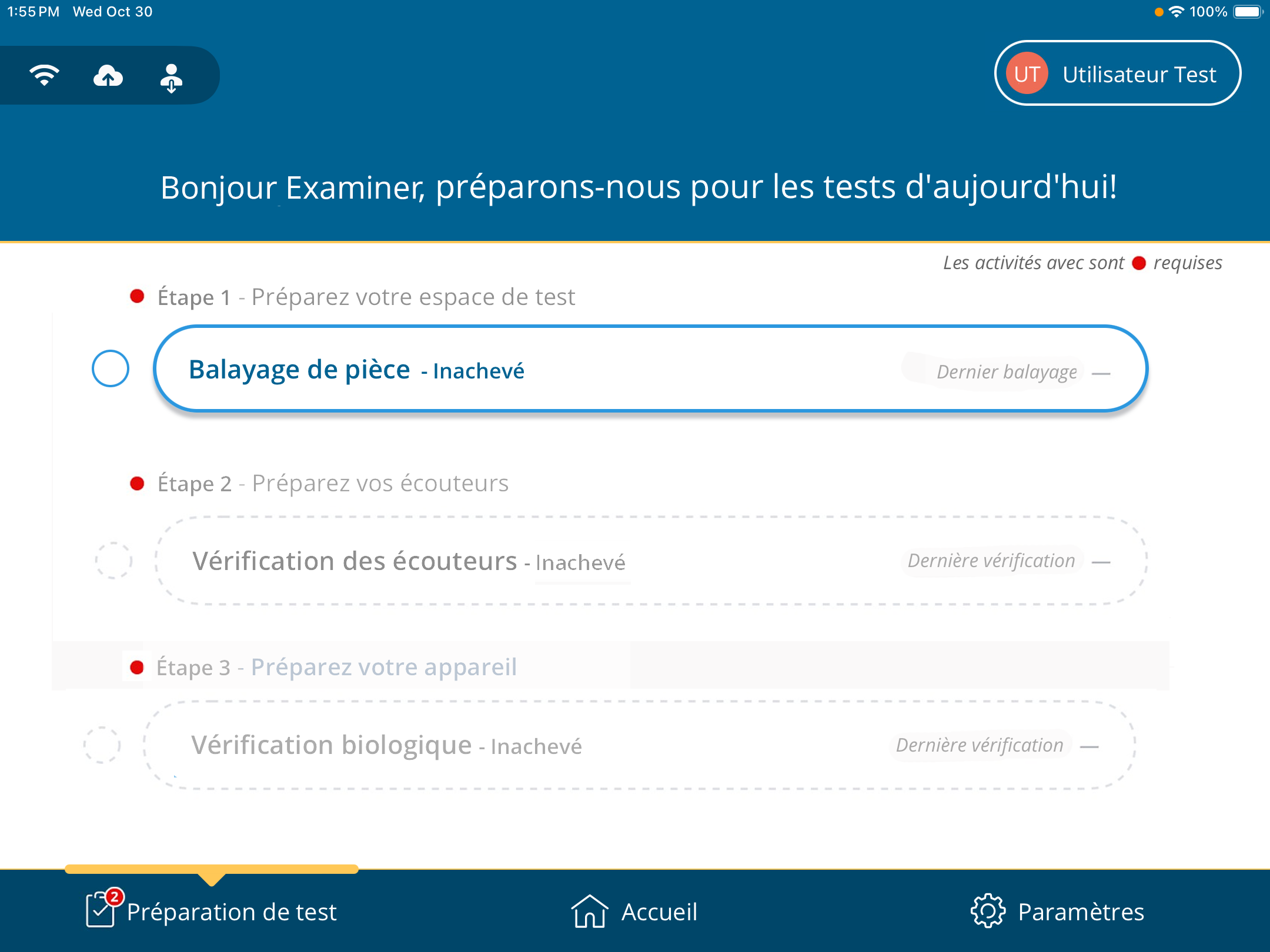 Une capture d'écran de la page « Préparation au test » avec le bouton « Balayage de la salle » mis en évidence.
