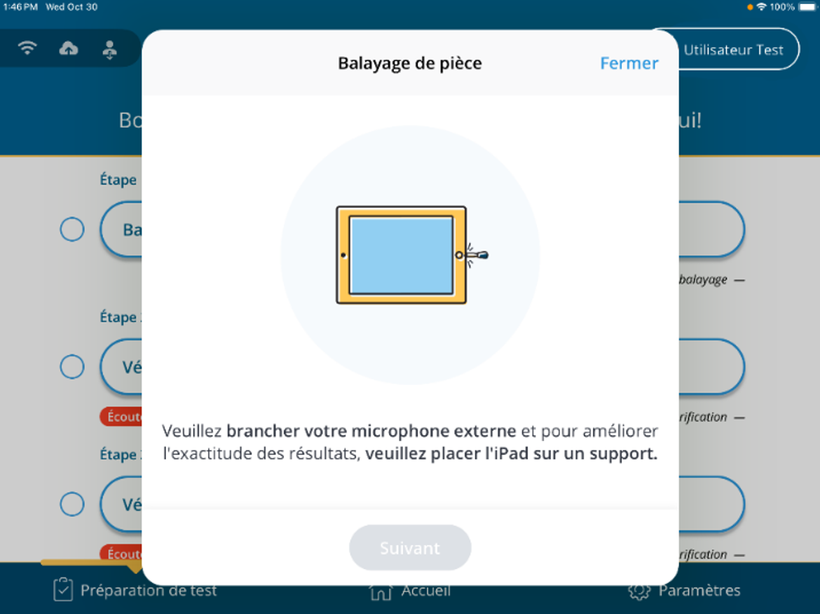 Une capture d'écran de l'invite demandant de débrancher un microphone externe pour effectuer une analyse de la pièce.