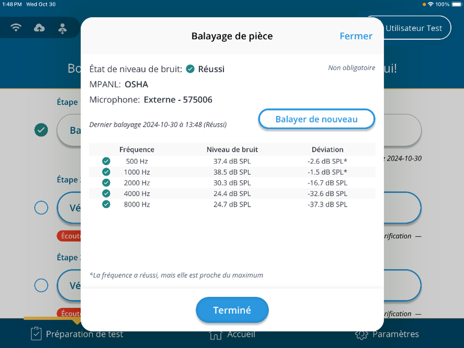 Une capture d'écran d'un balayage de pièce réussi.