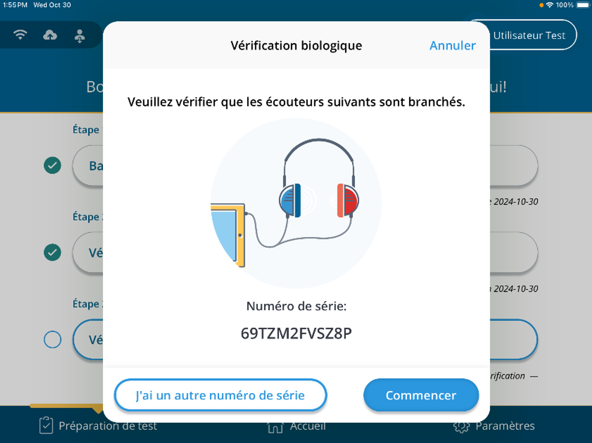 Une capture d'écran de l'invite demandant de brancher les écouteurs pour effectuer un test de fonctionnement.