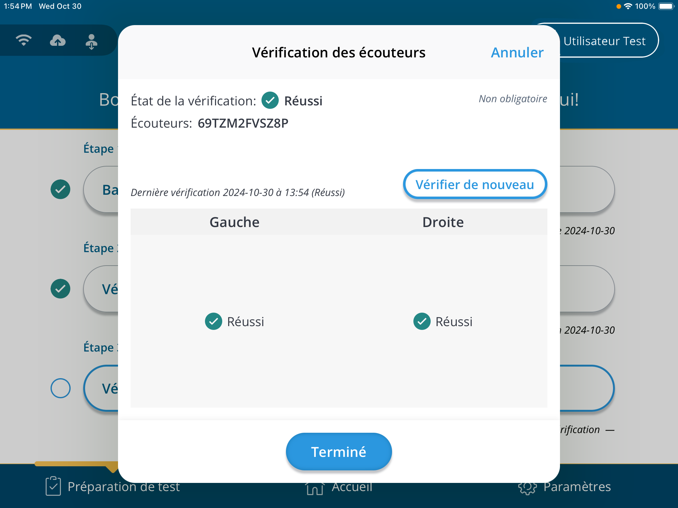 Une capture d'écran montrant qu'un test de casque a été effectué avec succès.