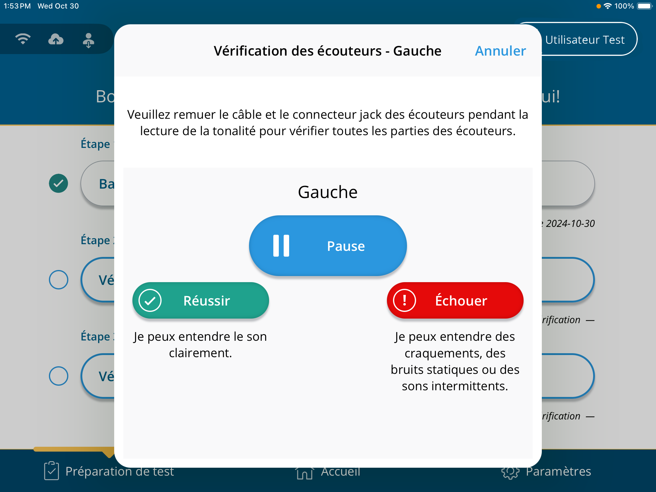 Une capture d'écran de l'écran de vérification du casque pour l'écouteur droit.
