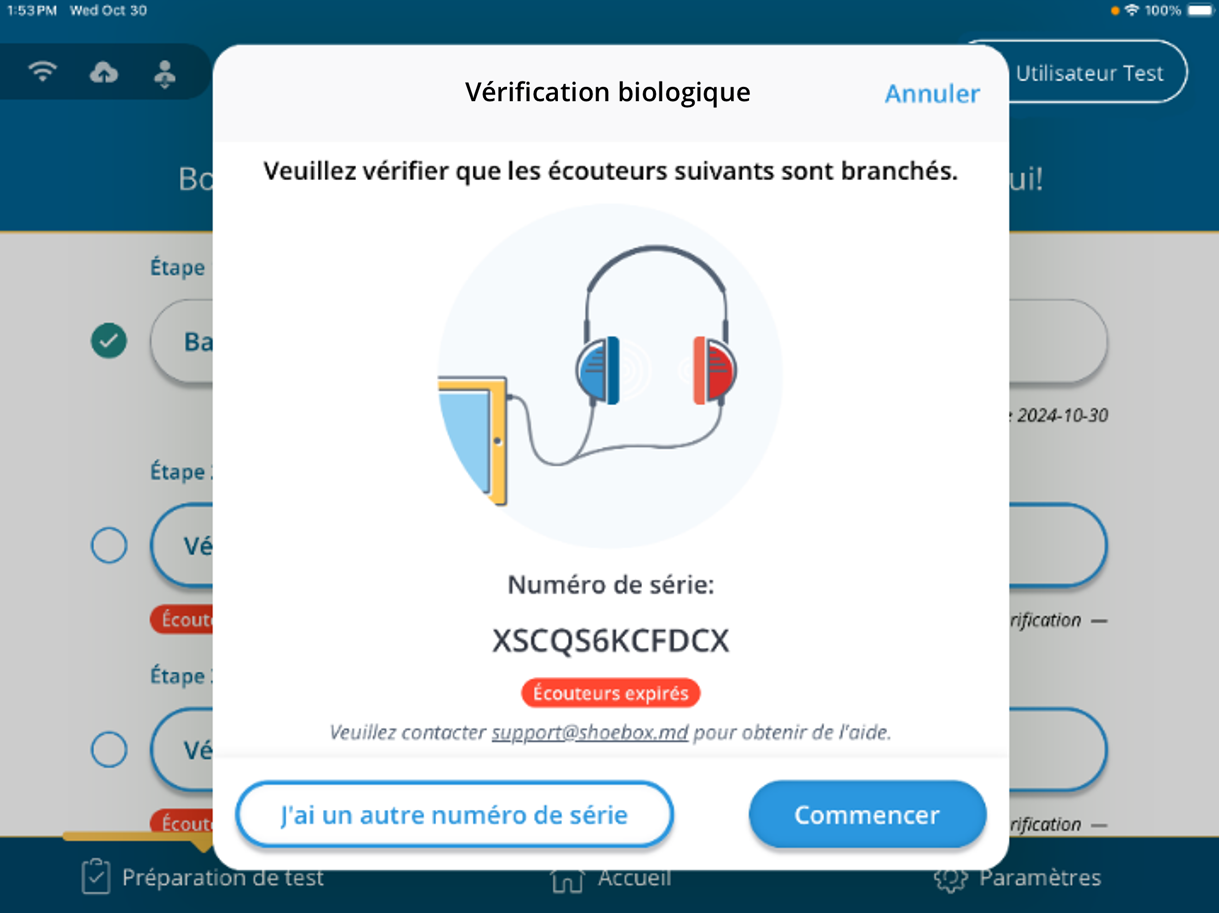 Une capture d'écran de l'avertissement qui s'affiche lors d'une vérification biologique lorsque l'étalonnage des écouteurs de l'utilisateur a expiré.
