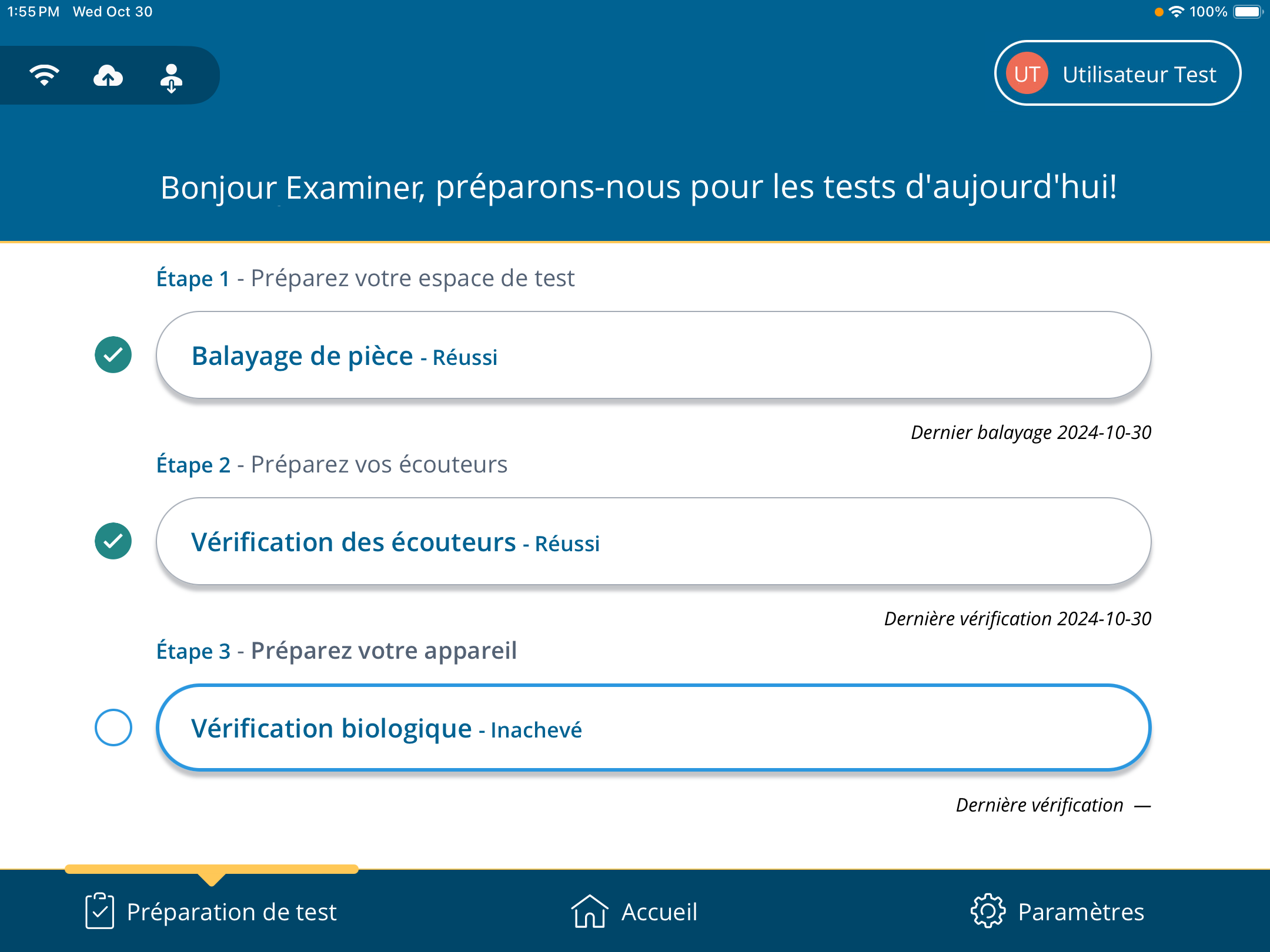 Une capture d'écran de la page de préparation au test, avec le bouton de vérification biologique mis en évidence.