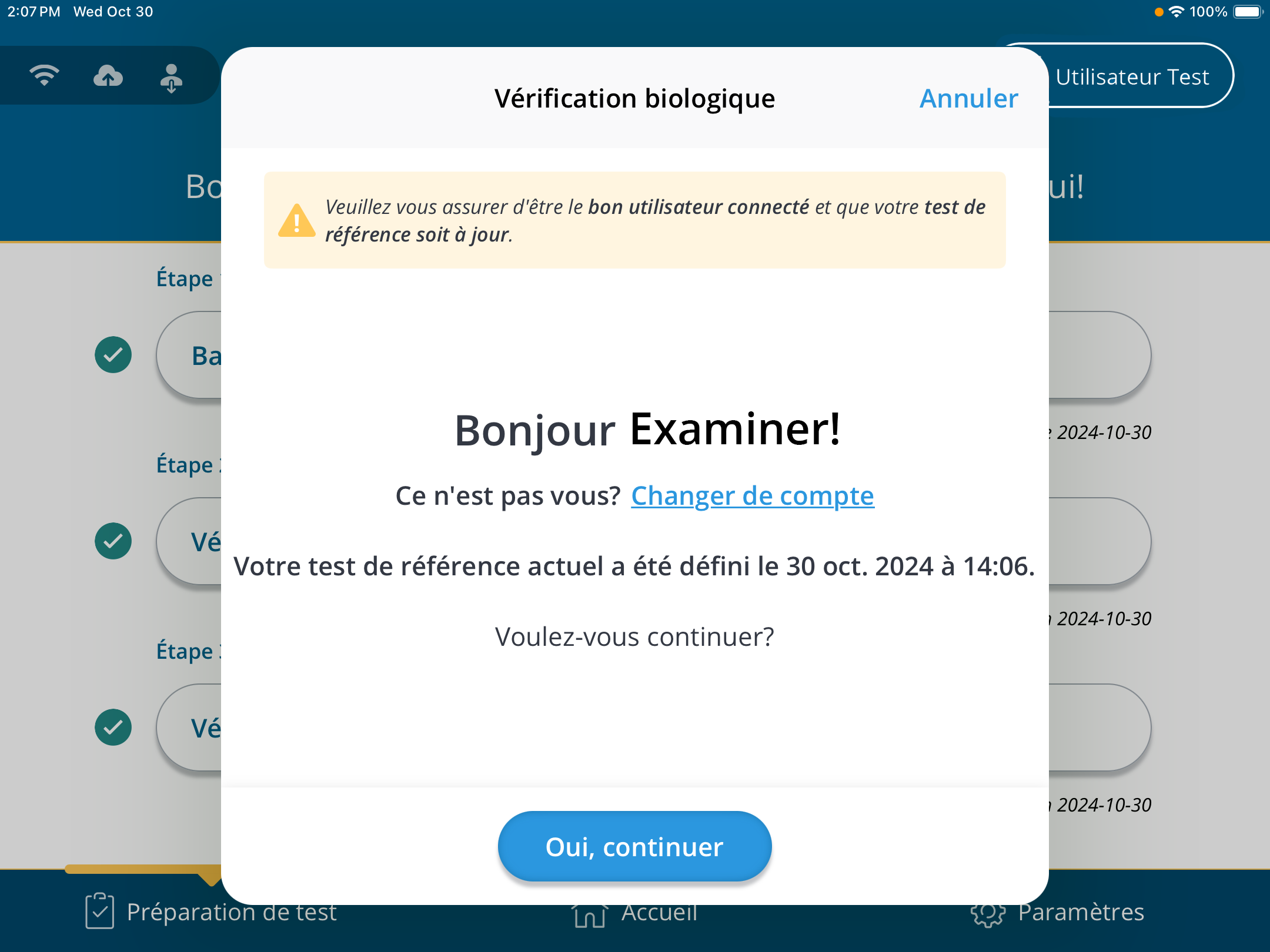 Une capture d'écran de la fenêtre de vérification de l'identité de l'utilisateur actuellement connecté.