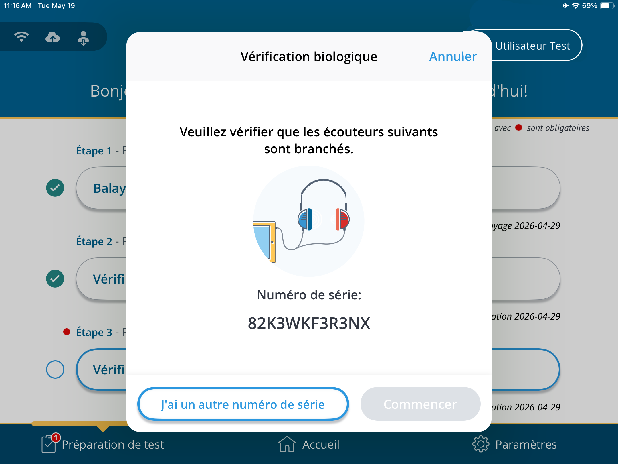 Une capture d'écran de la fenêtre demandant de vérifier les écouteurs à l'aide de leur numéro de série.