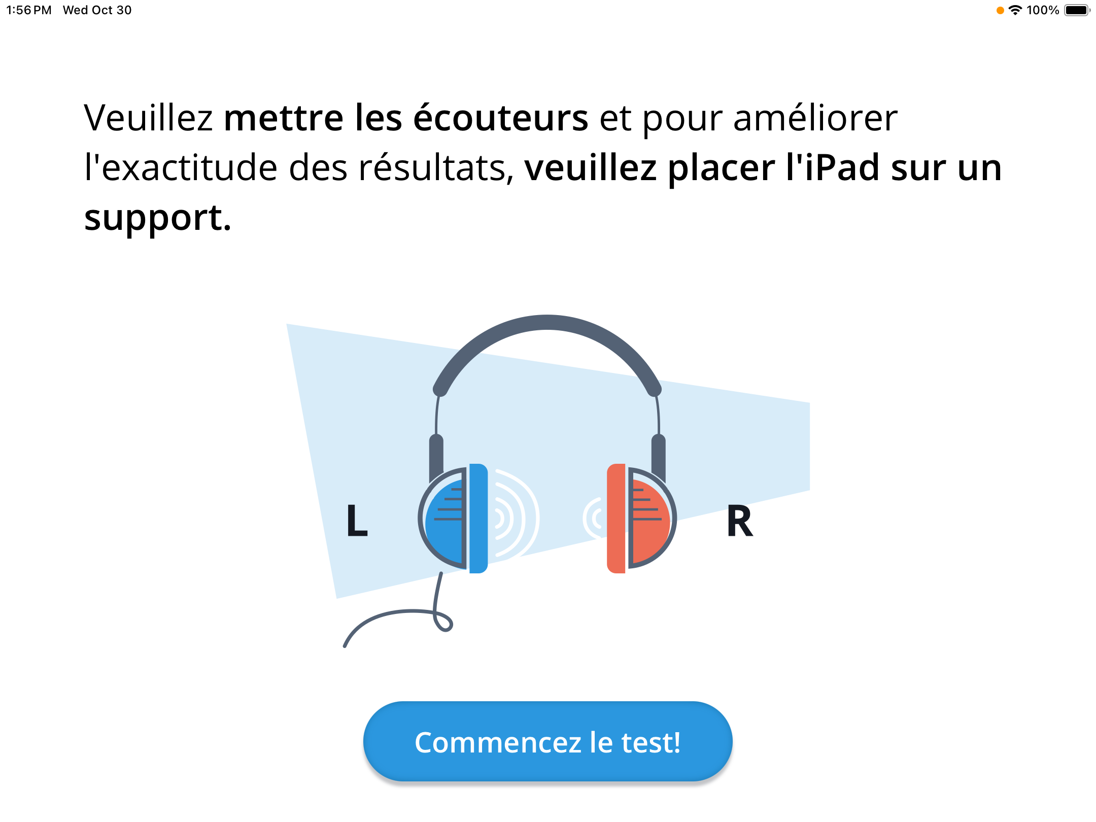 Une capture d'écran de l'invite demandant à l'utilisateur de mettre ses écouteurs.