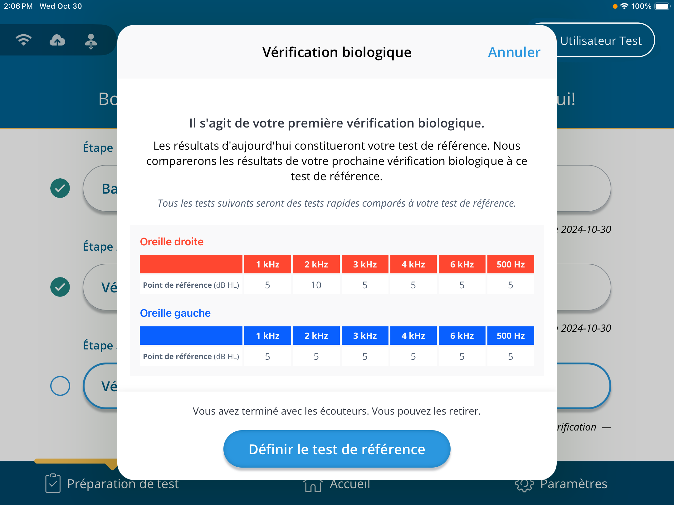 Une capture d'écran de l'invite demandant à l'utilisateur de définir sa première vérification biologique comme référence.