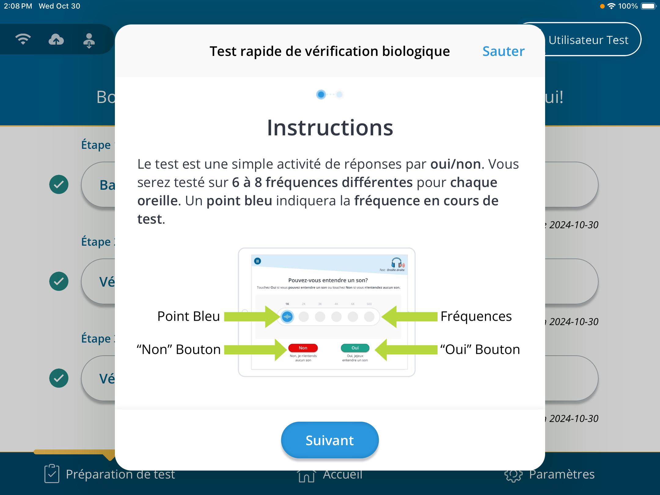 Une capture d'écran des instructions du test rapide.