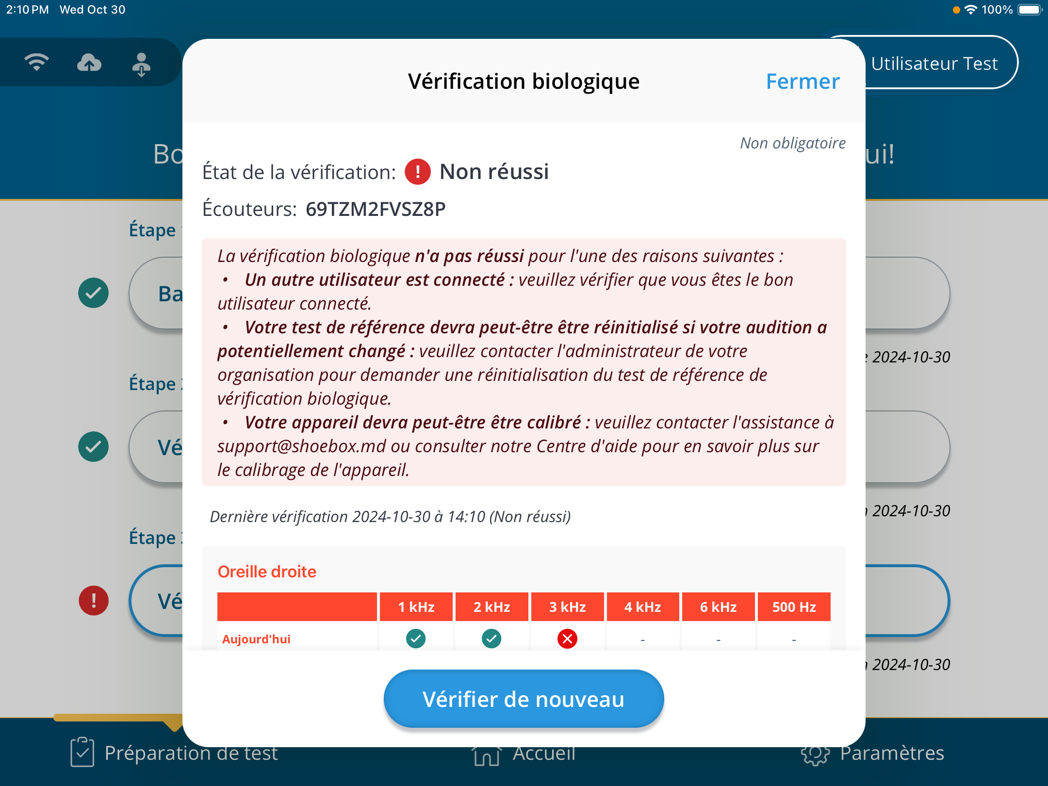 Une capture d'écran d'une vérification biologique qui a échoué.
