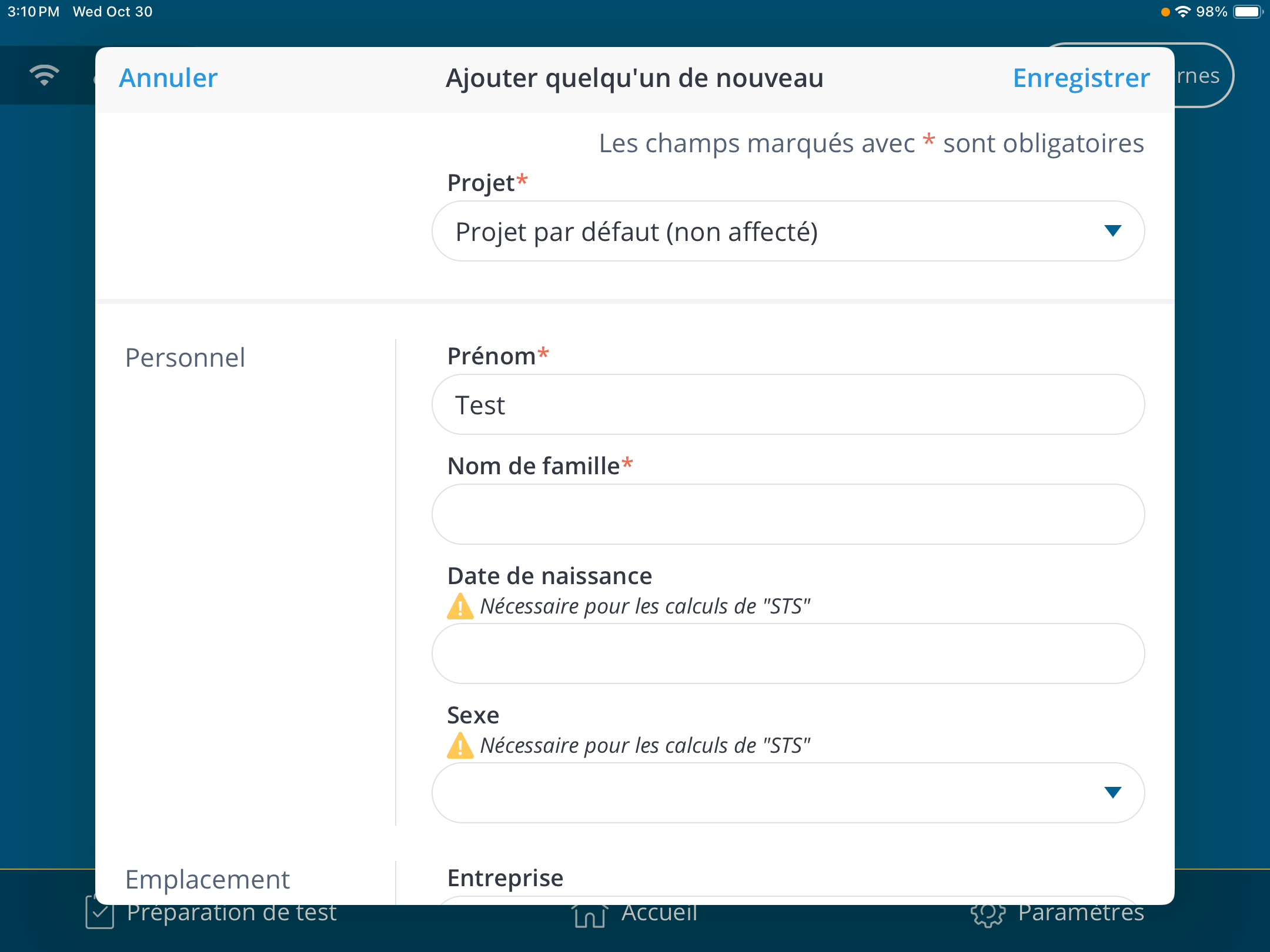 Une capture d'écran de la fenêtre « Ajouter quelqu'un de nouvelle » dans l'application PureTest.