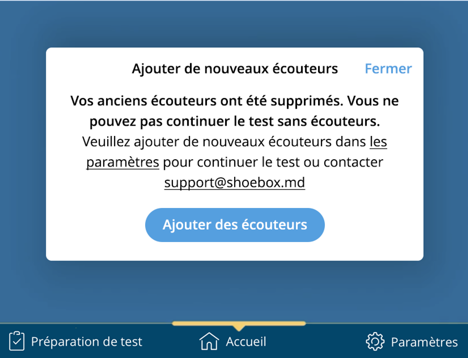 Deux captures d'écran montrant l'erreur qui s'affiche lorsque les écouteurs ne sont pas calibrés et l'invite à ajouter de nouveaux écouteurs.