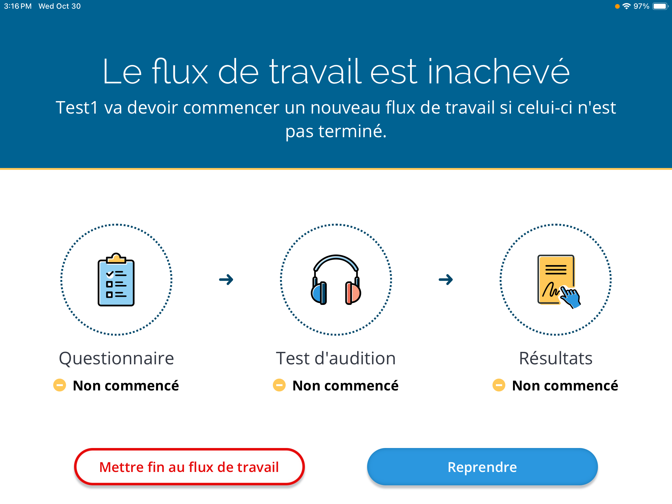 Une capture d'écran de l'écran d'état du flux de travail qui s'affiche lorsqu'un test est mis en pause.