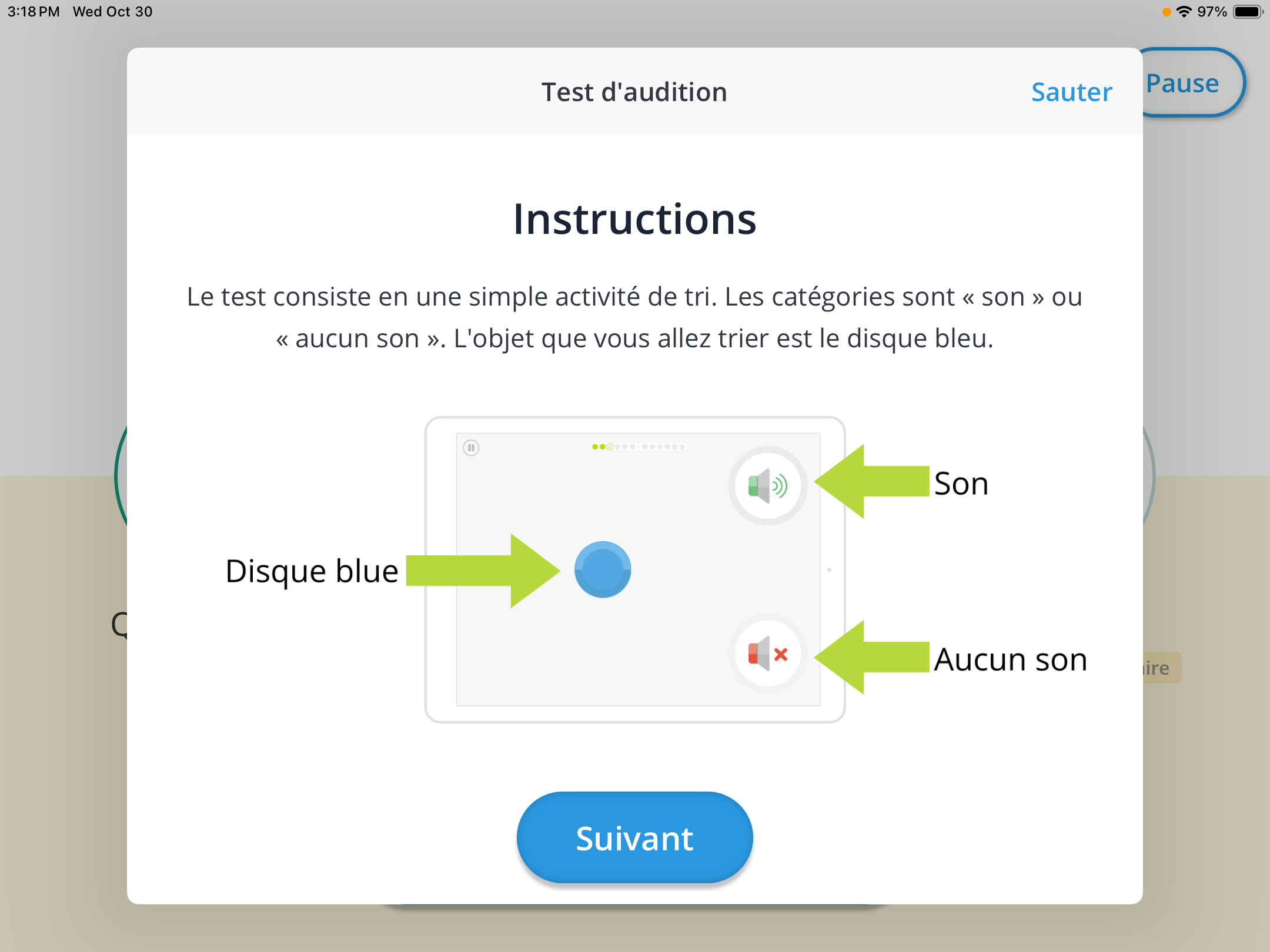 Une capture d'écran des instructions du test.