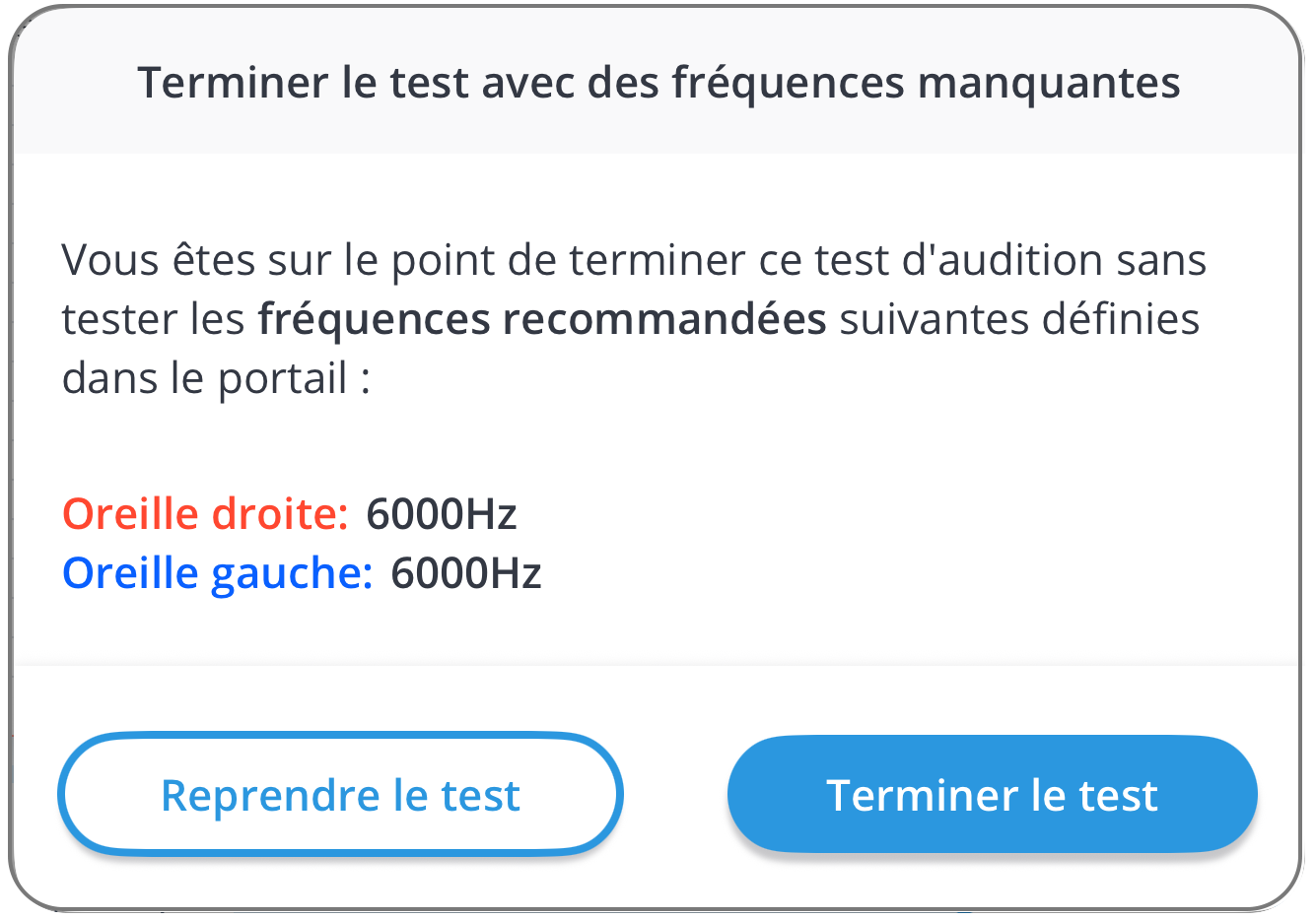 Une capture d'écran de la fenêtre contextuelle d'avertissement qui s'affiche lorsque les fréquences recommandées sont ignorées pendant le test.