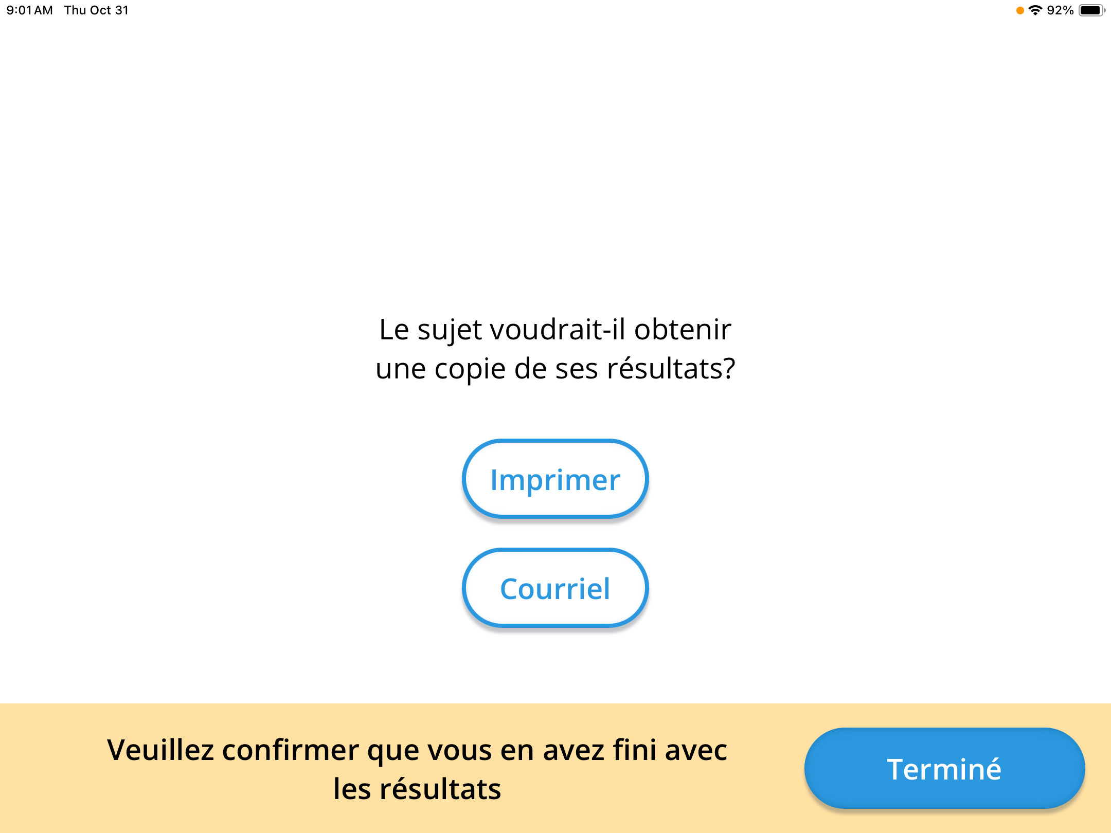 Une capture d'écran de la page « Imprimer ou envoyer par courriel » qui s'affiche après la consultation des résultats du test.