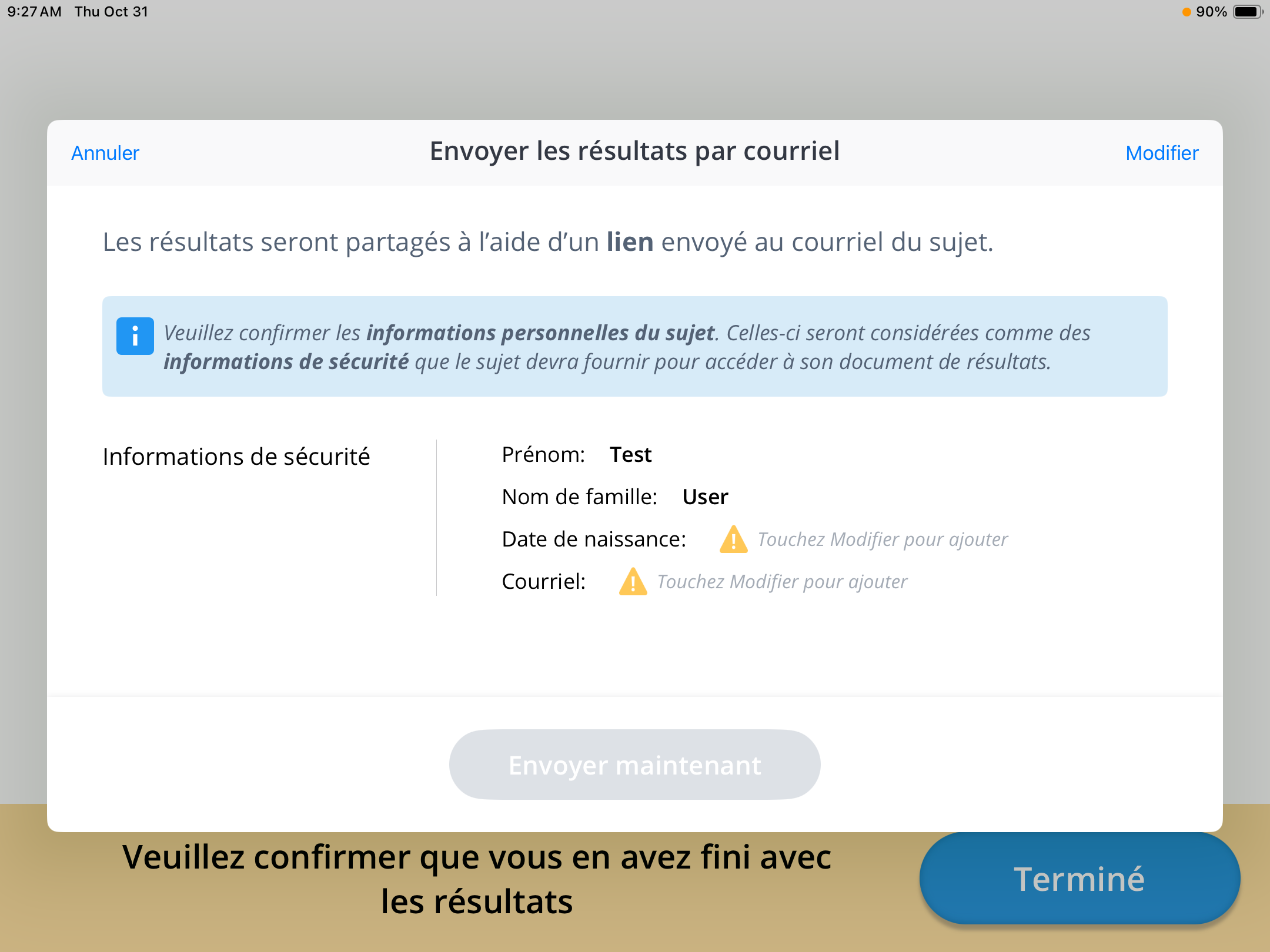 Une capture d'écran de la confirmation qui s'affiche lorsque l'on choisit d'envoyer les résultats par courriel au patient.