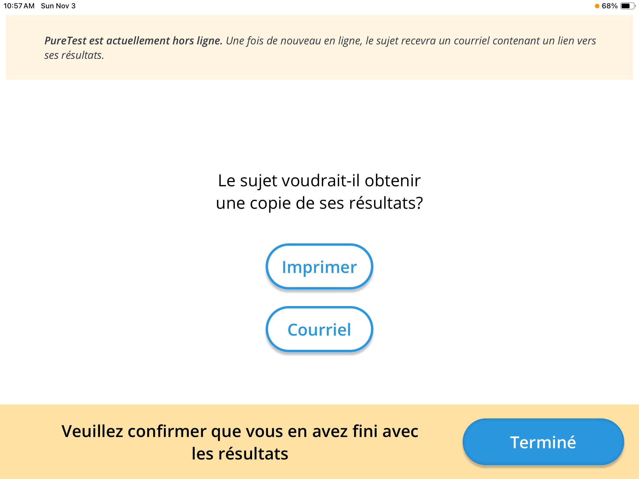 Une capture d'écran de la page affichant les résultats d'impression ou d'envoi par courriel lorsque PureTest est hors ligne.