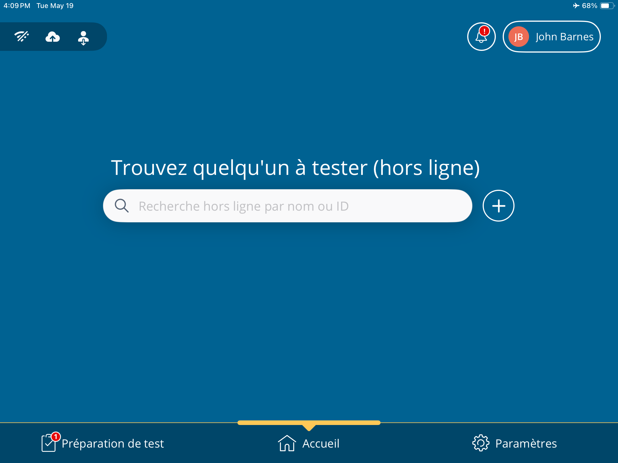 Une capture d'écran de l'écran d'accueil de PureTest montrant que la barre de recherche indique que l'utilisateur est hors ligne.