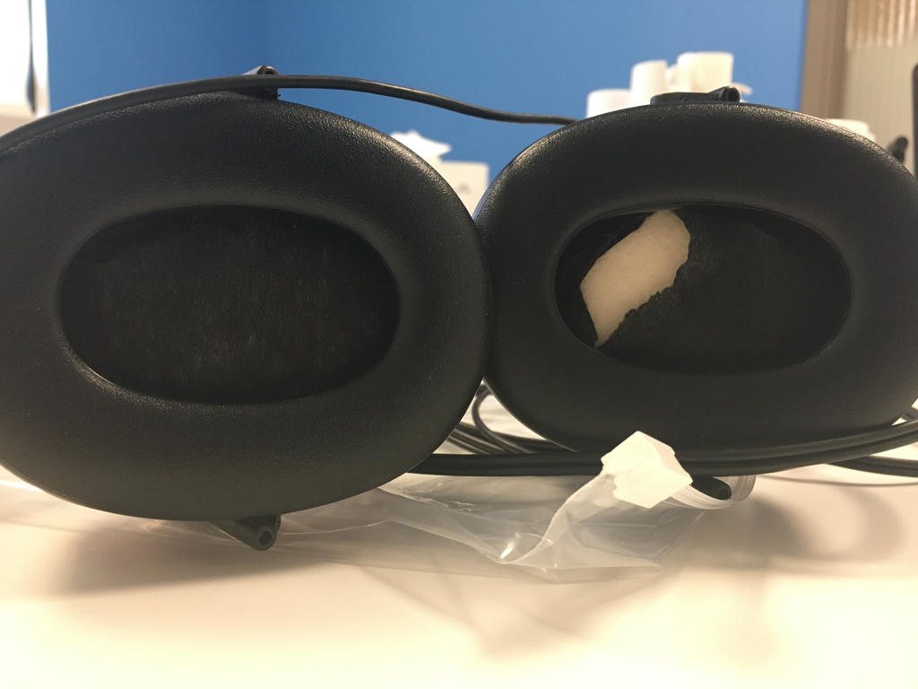 An image of DD450 headphones with a tear in the transducer mesh.
